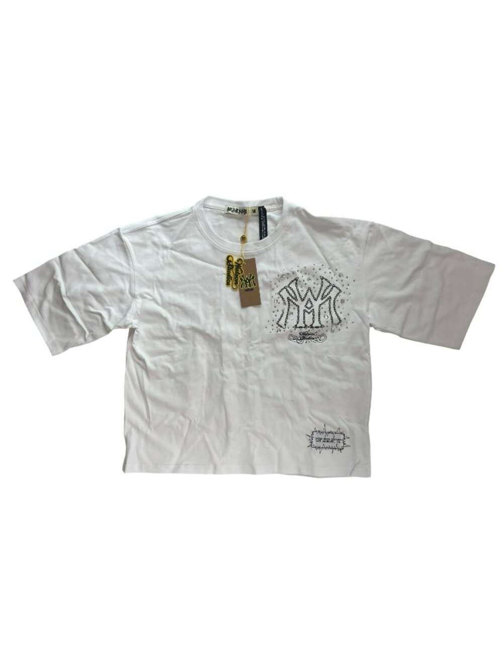 Watson Studios Chained T-Shirt Rhinestone NY Yankees White Wmn's M $125 DEFECT